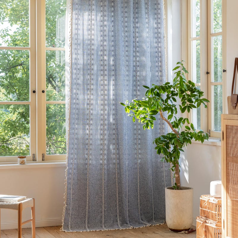 Sutuo Home Boho Curtains 84 inches Long for Bedroom Living Room,Light Filtering Farmhouse Hollow Vintage Chic Tassels Window Treatment Bohemian Drape Decor Rod Pocket,1 Panel,52" W x 84" L,Denim Blue - Image 1