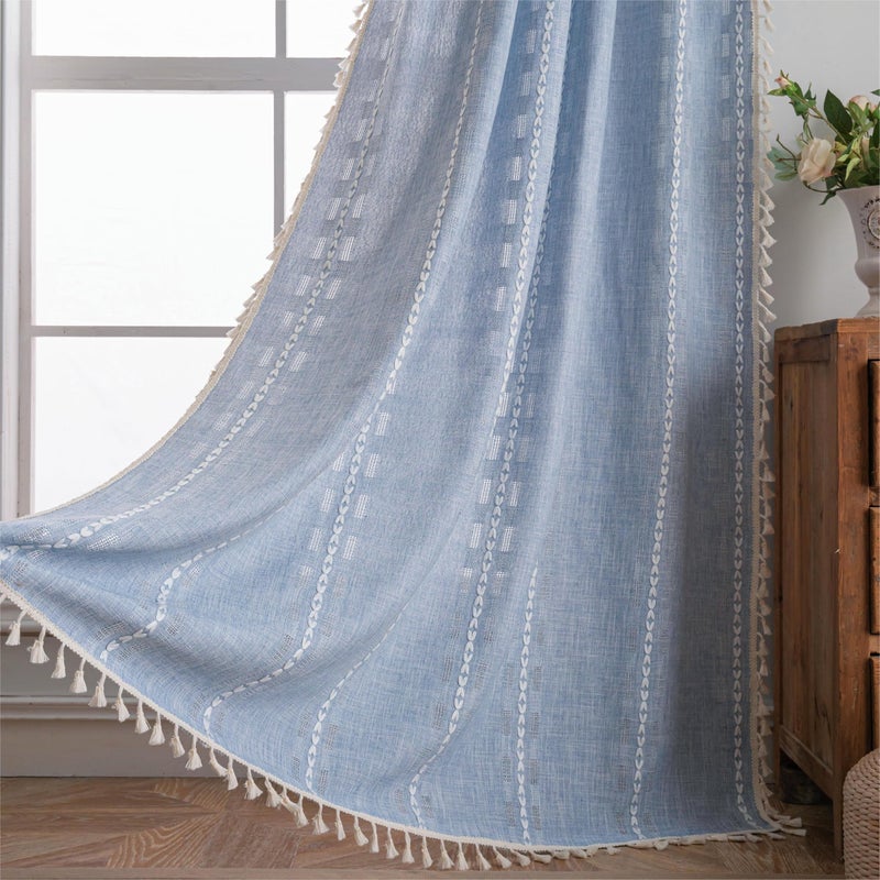 Sutuo Home Boho Curtains 84 inches Long for Bedroom Living Room,Light Filtering Farmhouse Hollow Vintage Chic Tassels Window Treatment Bohemian Drape Decor Rod Pocket,1 Panel,52" W x 84" L,Denim Blue - Image 2