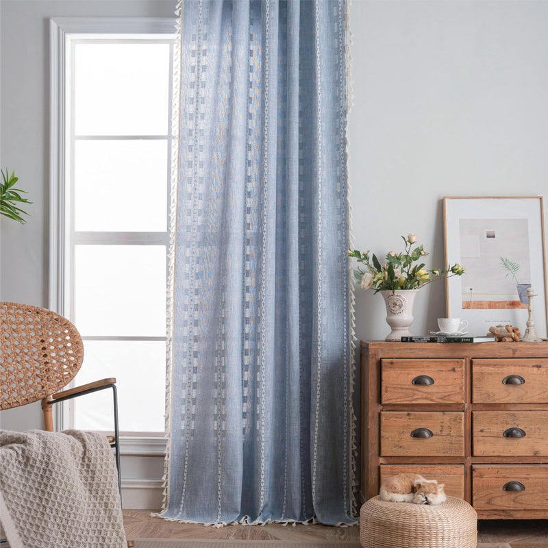Sutuo Home Boho Curtains 84 inches Long for Bedroom Living Room,Light Filtering Farmhouse Hollow Vintage Chic Tassels Window Treatment Bohemian Drape Decor Rod Pocket,1 Panel,52" W x 84" L,Denim Blue - Image 3