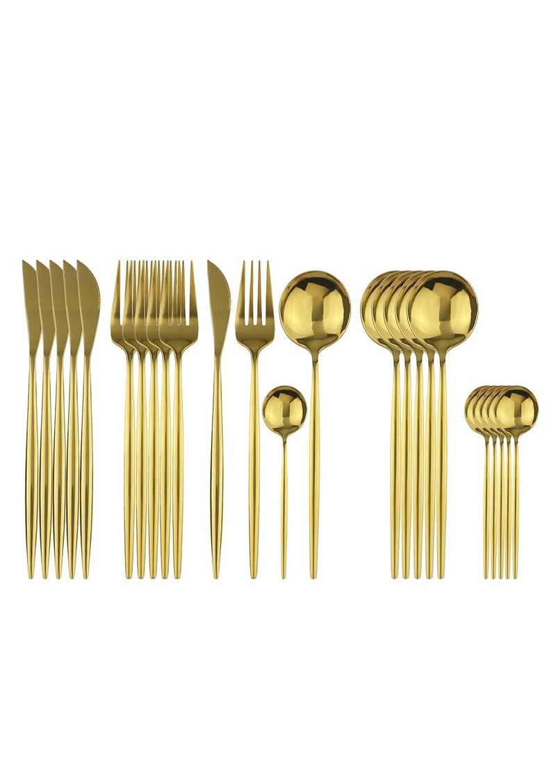 MahMir® 24pcs Luxury Flatware Set,Stainless Steel Dinning Silverware Cutlery Set with Cute Color, Flat Handle,Mirror, Service for 6, Dishwasher Safe - Gold - Image 1
