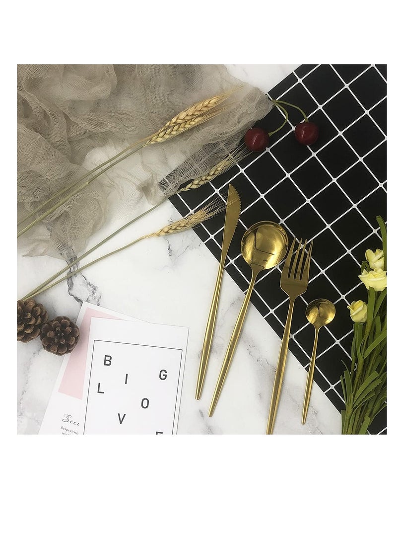 MahMir® 24pcs Luxury Flatware Set,Stainless Steel Dinning Silverware Cutlery Set with Cute Color, Flat Handle,Mirror, Service for 6, Dishwasher Safe - Gold - Image 2