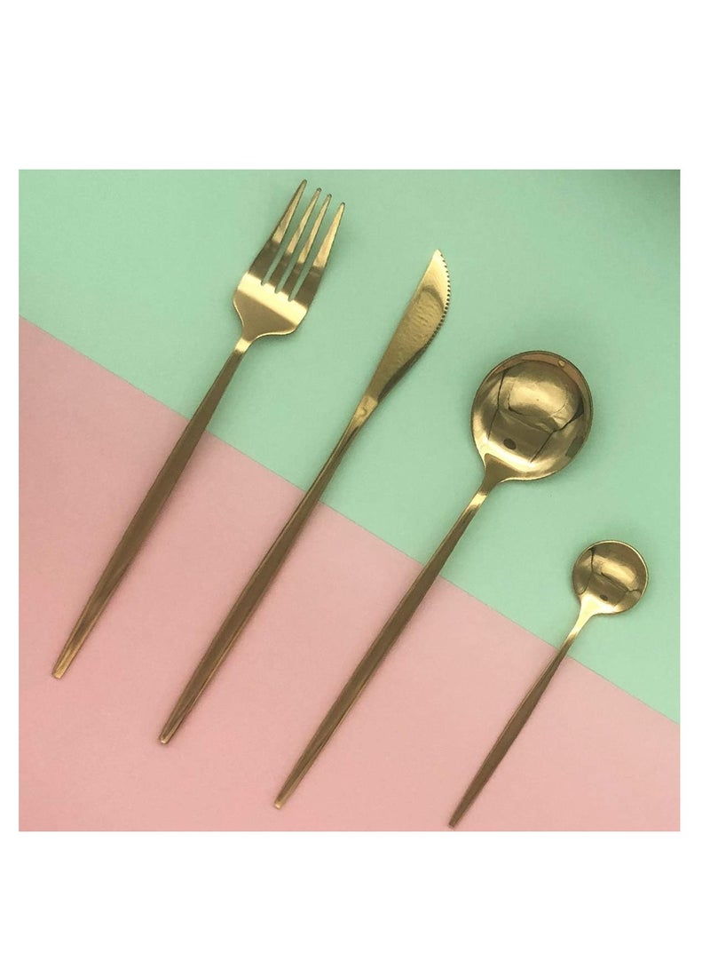 MahMir® 24pcs Luxury Flatware Set,Stainless Steel Dinning Silverware Cutlery Set with Cute Color, Flat Handle,Mirror, Service for 6, Dishwasher Safe - Gold - Image 4