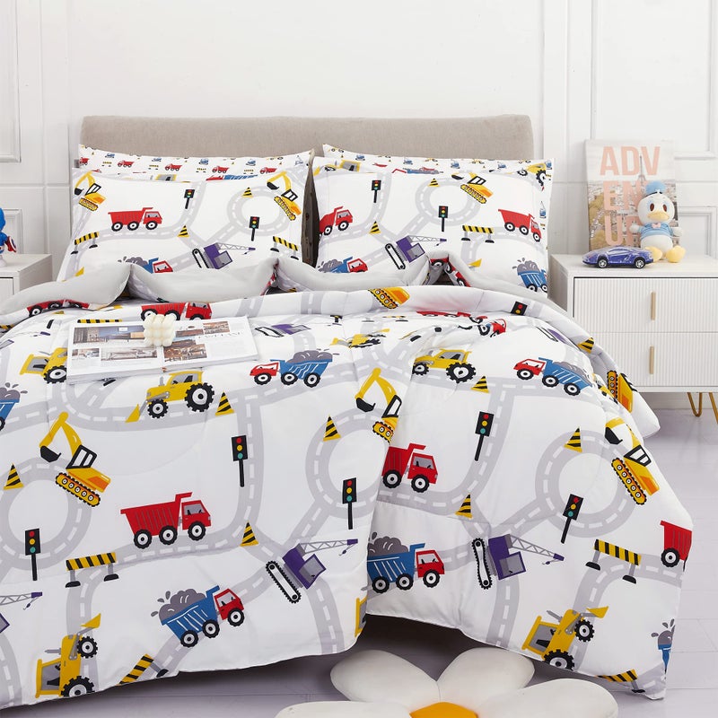Viviland Twin Comforter Set for Boys  Kids Brushed Microfiber Twin Bedding Set  5 Pieces Machine Washable Bed in A Bag with Soft Comforters Sheet Set Shams  Excavator Car Truck Printed