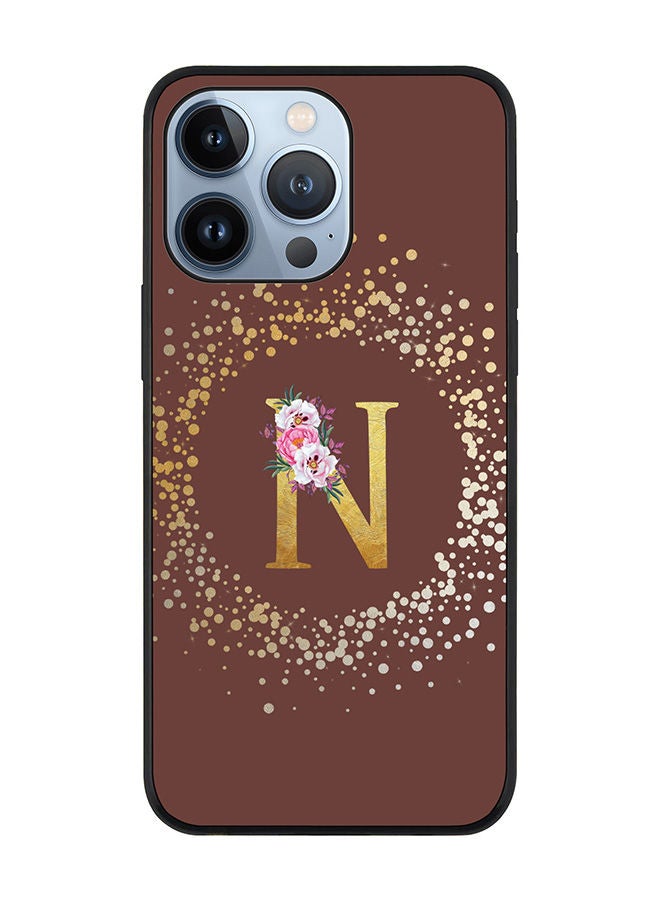 Stylizedd Rugged Black edge case for Apple iPhone 13 Pro Slim fit Soft Case Flexible Rubber Edges TPU Gel Thin Cover - Custom Monogram Initial Letter Floral Pattern Alphabet - N (Brown) - Image 1