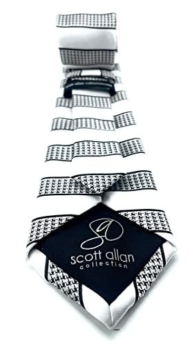 Scott Allan Collection Scott Allan Colection White and Black Mens Tie | Jacquared Woven Houndstooth Necktie | White Tie's for Men - Image 4