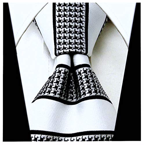 Scott Allan Collection Scott Allan Colection White and Black Mens Tie | Jacquared Woven Houndstooth Necktie | White Tie's for Men - Image 3