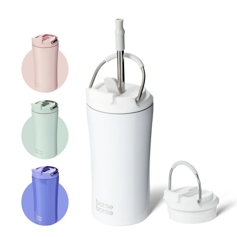 BOTTLE BOTTLE Coffee Tumbler with Dualuse Lid and Straw Double Walled Iced Travel Coffee Mug for Woman and Man 12 oz Stainless Steel Insulated Tumbler with Handle white