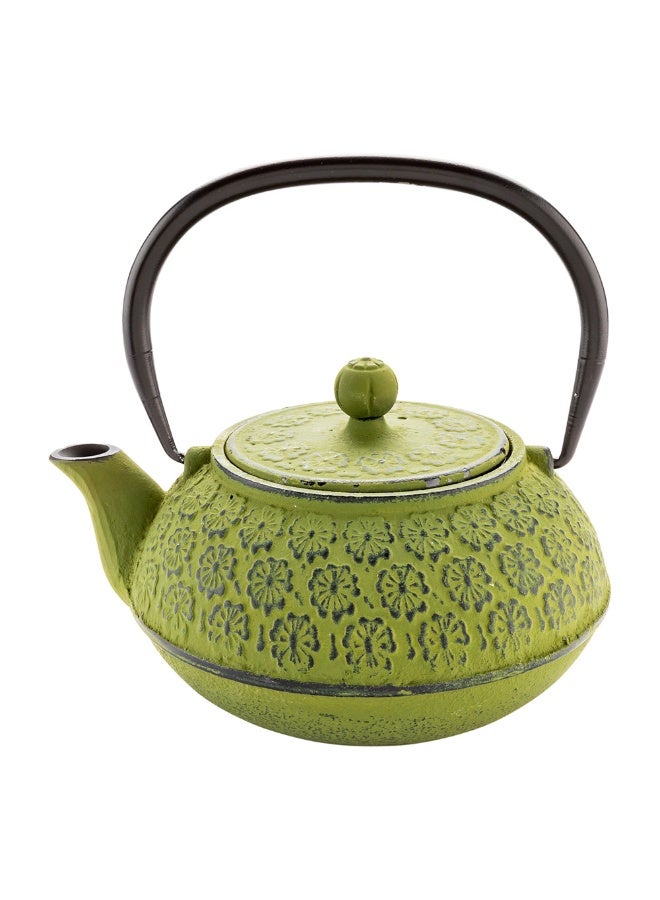 Restaurantware 30 Ounce Japanese Teapot, 1 Enamel Coated Japanese Tea Kettle - Cherry Blossom Design, Includes Mesh Strainer, Green Cast Iron Primitive Tea Kettle, For Teabags And Loose Leaf Tea - Image 1