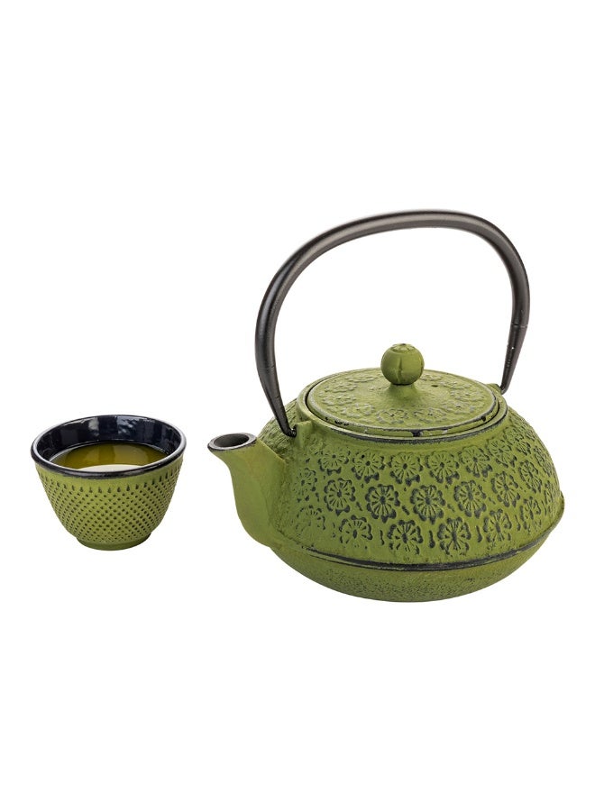 Restaurantware 30 Ounce Japanese Teapot, 1 Enamel Coated Japanese Tea Kettle - Cherry Blossom Design, Includes Mesh Strainer, Green Cast Iron Primitive Tea Kettle, For Teabags And Loose Leaf Tea - Image 2