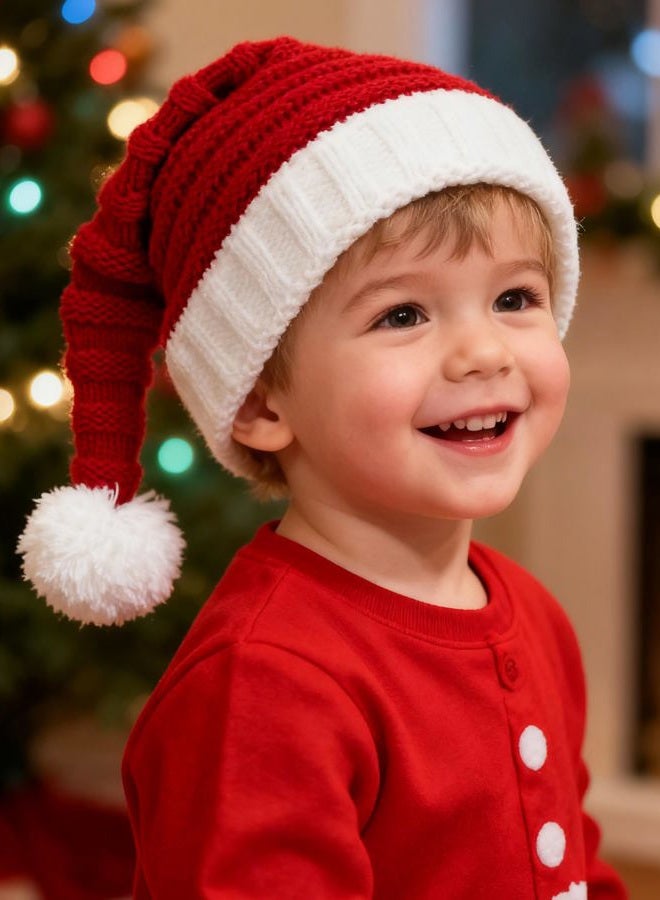 Asikkon Baby Christmas Knit Santa Hat Kids Knitted Beanie Hat for Infant Toddle 0 to 5 Years Old Red - Image 2
