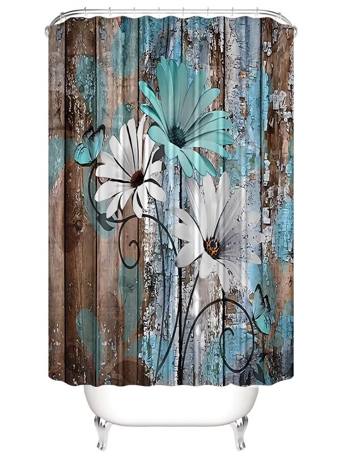 AZHM Farmhouse Flower Floral Shower Curtain Set 4pcs Rustic Teal Turquoise Daisy Bathroom Accessory Set with Rugs and 12 Hooks - Image 2