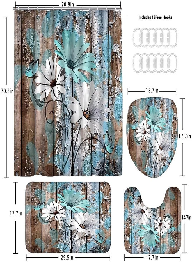 AZHM Farmhouse Flower Floral Shower Curtain Set 4pcs Rustic Teal Turquoise Daisy Bathroom Accessory Set with Rugs and 12 Hooks - Image 4