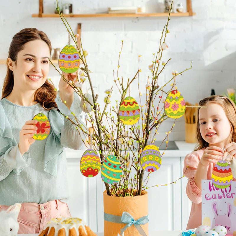 Sophena 24PCS Wooden Egg Ornaments to Paint Easter Decoration Cutouts Unfinished 8 Different Patterns, DIY Blank Unfinished Wood Discs Ornament for Home Crafts Hanging Spring Decoration 3.5 inches - Image 3