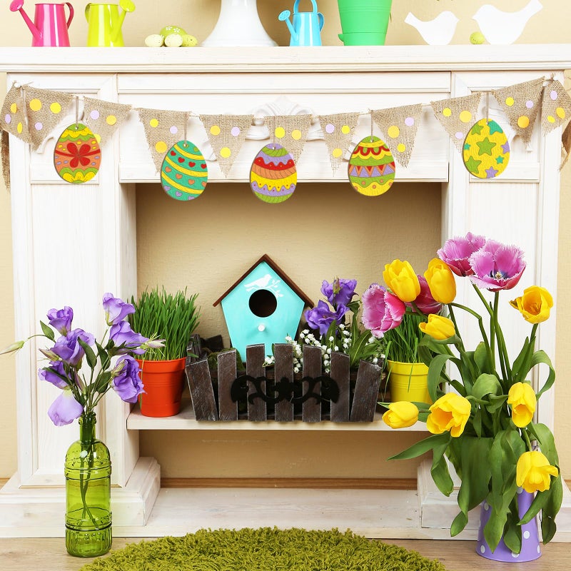 Sophena 24PCS Wooden Egg Ornaments to Paint Easter Decoration Cutouts Unfinished 8 Different Patterns, DIY Blank Unfinished Wood Discs Ornament for Home Crafts Hanging Spring Decoration 3.5 inches - Image 2