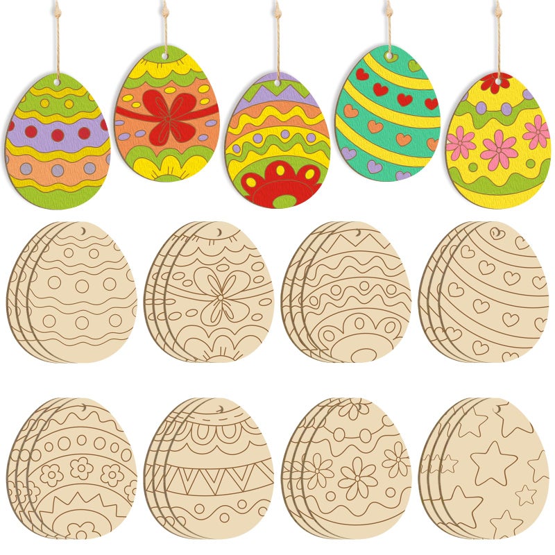 Sophena 24PCS Wooden Egg Ornaments to Paint Easter Decoration Cutouts Unfinished 8 Different Patterns, DIY Blank Unfinished Wood Discs Ornament for Home Crafts Hanging Spring Decoration 3.5 inches - Image 1