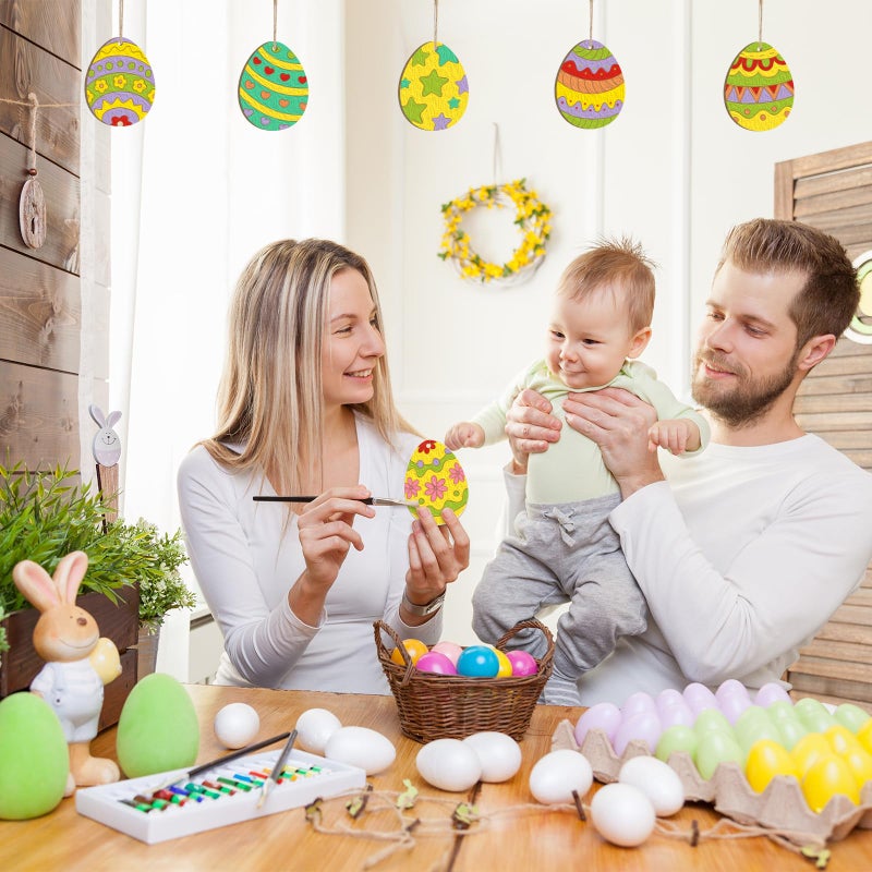 Sophena 24PCS Wooden Egg Ornaments to Paint Easter Decoration Cutouts Unfinished 8 Different Patterns, DIY Blank Unfinished Wood Discs Ornament for Home Crafts Hanging Spring Decoration 3.5 inches - Image 4