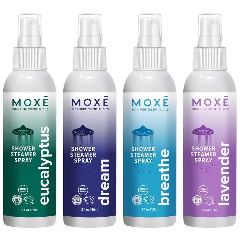 MOXE Aromatherapy Shower Mist Variety Pack, Eucalyptus, Lavender, Breathe and Dream, Spa Steam Spray, Natural 100% Essential Oils, Made in USA, Aromatherapy, Sinus Congestion Relief, 4 Pack (8oz) - Image 1