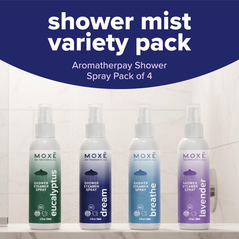 MOXE Aromatherapy Shower Mist Variety Pack, Eucalyptus, Lavender, Breathe and Dream, Spa Steam Spray, Natural 100% Essential Oils, Made in USA, Aromatherapy, Sinus Congestion Relief, 4 Pack (8oz) - Image 3