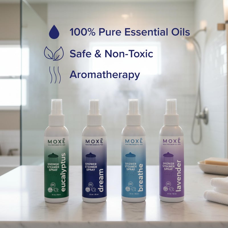 MOXE Aromatherapy Shower Mist Variety Pack, Eucalyptus, Lavender, Breathe and Dream, Spa Steam Spray, Natural 100% Essential Oils, Made in USA, Aromatherapy, Sinus Congestion Relief, 4 Pack (8oz) - Image 4