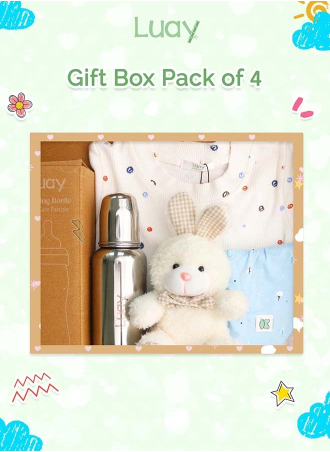 LUAY Premium Gift Box Set with The Baby Onesie, Baby Feeding Bottle, Baby Bib and Teddy Bear Best Hamper for Babies (0-3 M) 