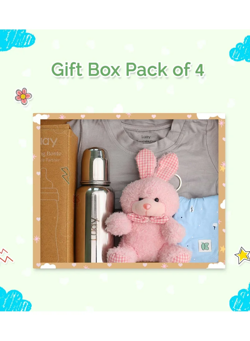 لؤي Premium Gift Box Set with The Baby Onesie, Baby Feeding Bottle, Baby Bib and Teddy Bear Best Hamper for Babies (0-3 M)