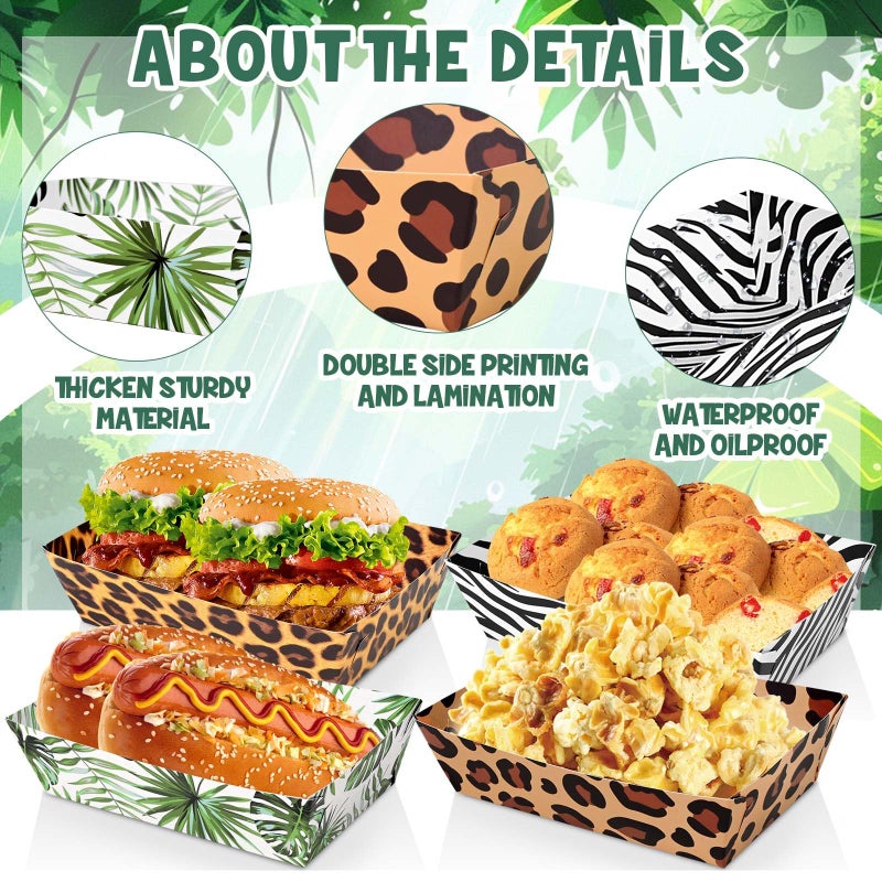Bolsome 24 Pcs Jungle Safari Animal Party Paper Food Trays Disposable Snack Trays Zoo Theme Print Paper Serving Boats for Fries Nachos Burger Hot Dog Taco BBQ for Wild Animal Jungle Safari Party Decor - Image 2