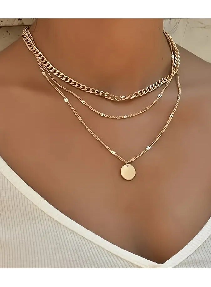 Home Clearance Sale A Trendy And Unique Golden Pendant With A Shiny Round Plate, Accompanied By A Three-layer Chain Necklace. This Versatile Piece Is Perfect For Women To Layer And Wear Multiple Chains Around The Neck. - Image 1