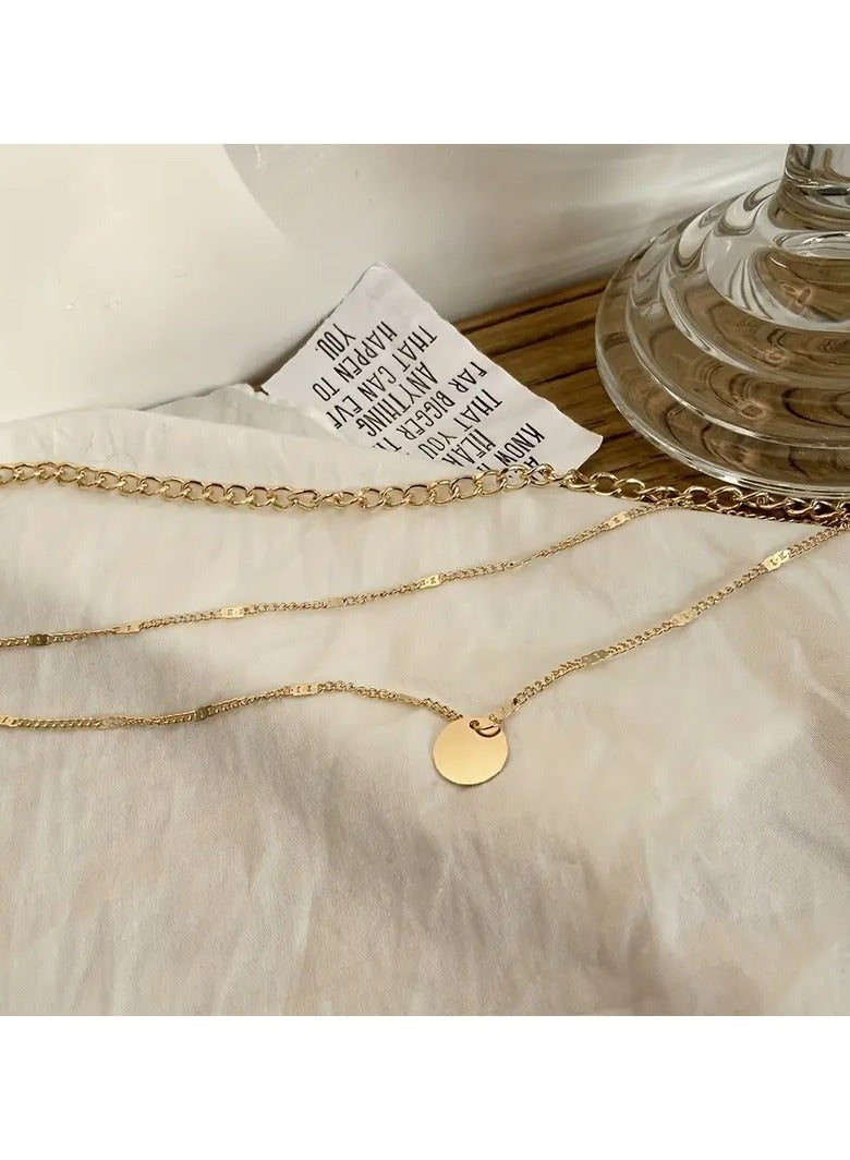 Home Clearance Sale A Trendy And Unique Golden Pendant With A Shiny Round Plate, Accompanied By A Three-layer Chain Necklace. This Versatile Piece Is Perfect For Women To Layer And Wear Multiple Chains Around The Neck. - Image 2