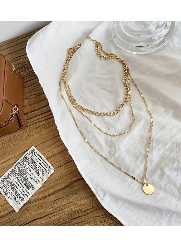 Home Clearance Sale A Trendy And Unique Golden Pendant With A Shiny Round Plate, Accompanied By A Three-layer Chain Necklace. This Versatile Piece Is Perfect For Women To Layer And Wear Multiple Chains Around The Neck. - Image 3
