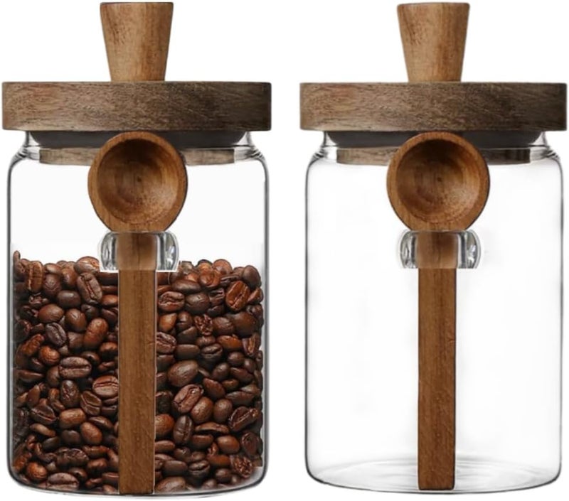 ANSQU Set of 2 Glass Food Storage Jars with Bamboo Wood Lid and Spoon, 20.3oz Glass Kitchen Canisters for Coffee, Tea, Cereal, Spice and Canning, Mason Jars, Cute Jar - Image 1