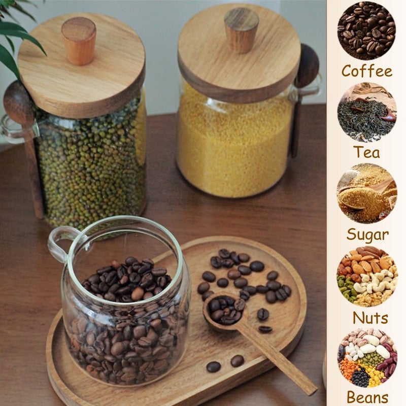 ANSQU Set of 2 Glass Food Storage Jars with Bamboo Wood Lid and Spoon, 20.3oz Glass Kitchen Canisters for Coffee, Tea, Cereal, Spice and Canning, Mason Jars, Cute Jar - Image 3