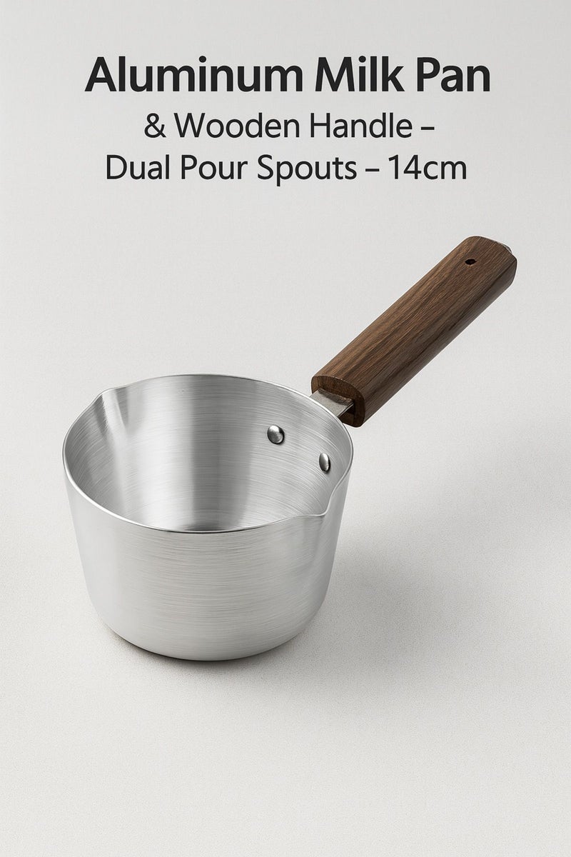 Tsumab Aluminum Milk Pan with Wooden Handle – Dual Pour Spouts – 14cm