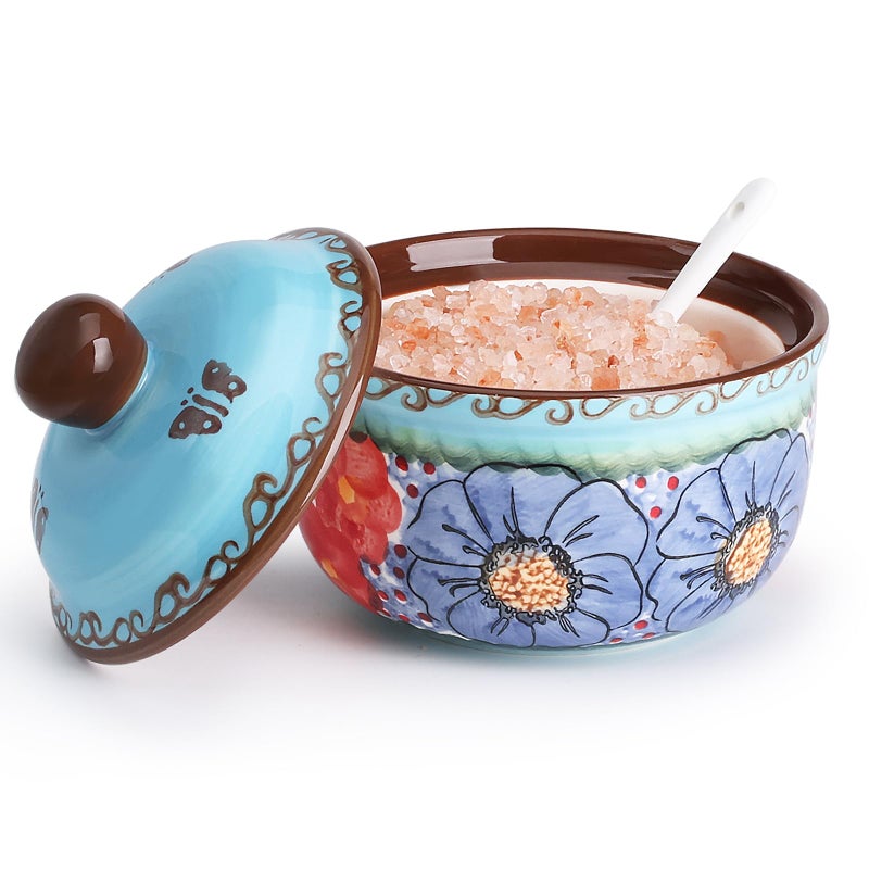 silesia Handmade Sugar Bowl with Lid and Spoon, 10 Ounce Ceramic Hand-Painted Sugar Jar for Kitchen in Gift Box, Kitchen Decor, Oven, Dishwasher & Microwave Safe, Glazed Blue - Image 1