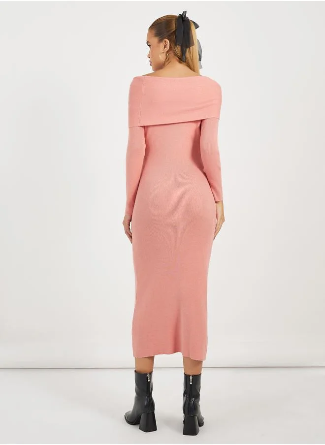 Styli Ribbed Knit Off Shoulder Sweater Midi Dress