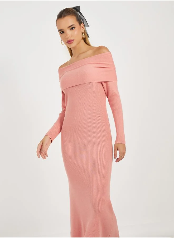 Styli Ribbed Knit Off Shoulder Sweater Midi Dress