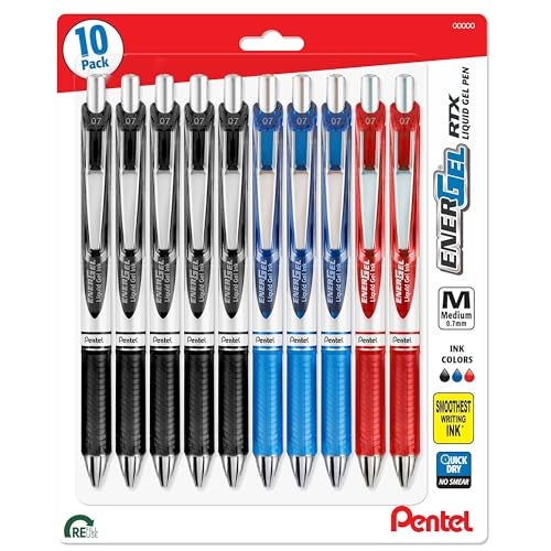 Pentel Energel 0.7mm Deluxe RTX Liquid Gel Ink Pens, Metal Tip, Pack of 10 Pens; 5 Black 3 Blue and 2 Red - Image 1