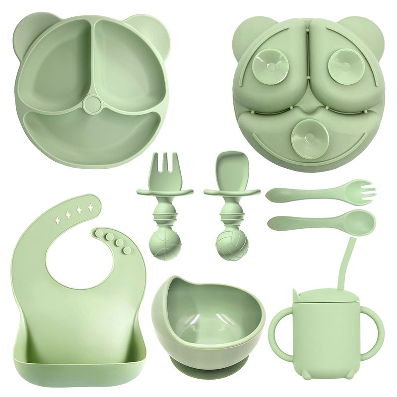 Silicone Baby Dining Set Soft Bib Bowl SpoonDark Green -8 pieces bear plate + snail bowl + suction tube Cup + Bib + silicone long fork spoon + spherical short fork spoon Dark Green -8 pieces bear plate + snail bowl + suction tube Cup + Bib + silicone long fork spoon + spherical short fork spoon