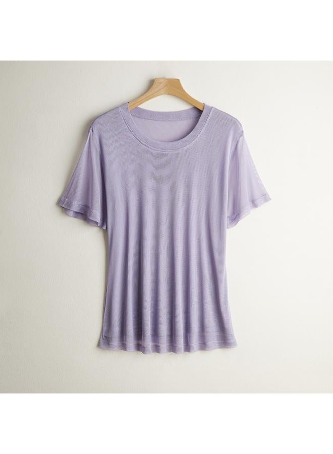 VUELO Silk Mesh T-shirt Women's New Mesh Mulberry Silk Solid Color Round Neck Short Sleeve Top Large Size Base Shirt 