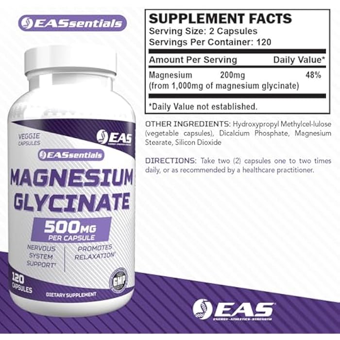 EAS Magnesium Glycinate 500mg | Nervous System & Muscle Function | Relaxation Support | Easy to Digest | Gluten Free, Non GMO, Vegetarian | 120 Veggie Capsules - Image 2