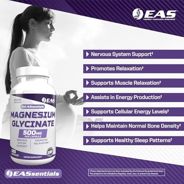 EAS Magnesium Glycinate 500mg | Nervous System & Muscle Function | Relaxation Support | Easy to Digest | Gluten Free, Non GMO, Vegetarian | 120 Veggie Capsules - Image 3