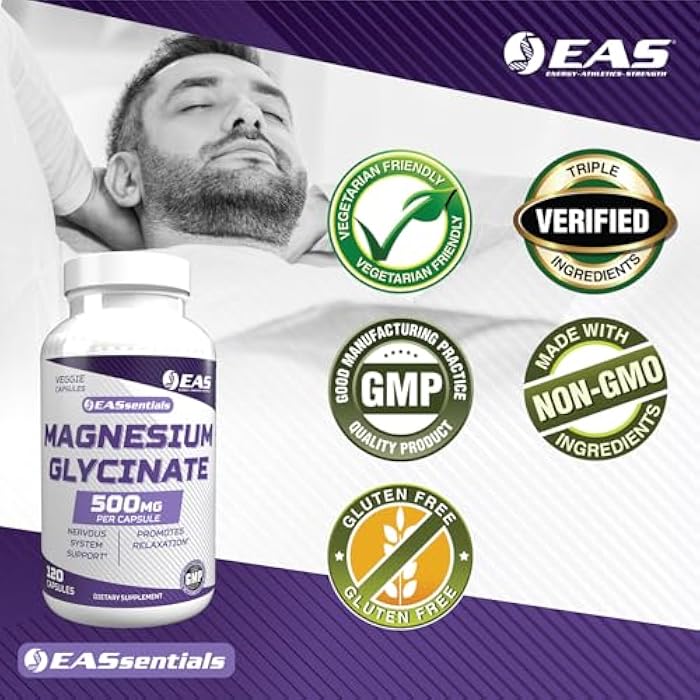 EAS Magnesium Glycinate 500mg | Nervous System & Muscle Function | Relaxation Support | Easy to Digest | Gluten Free, Non GMO, Vegetarian | 120 Veggie Capsules - Image 4