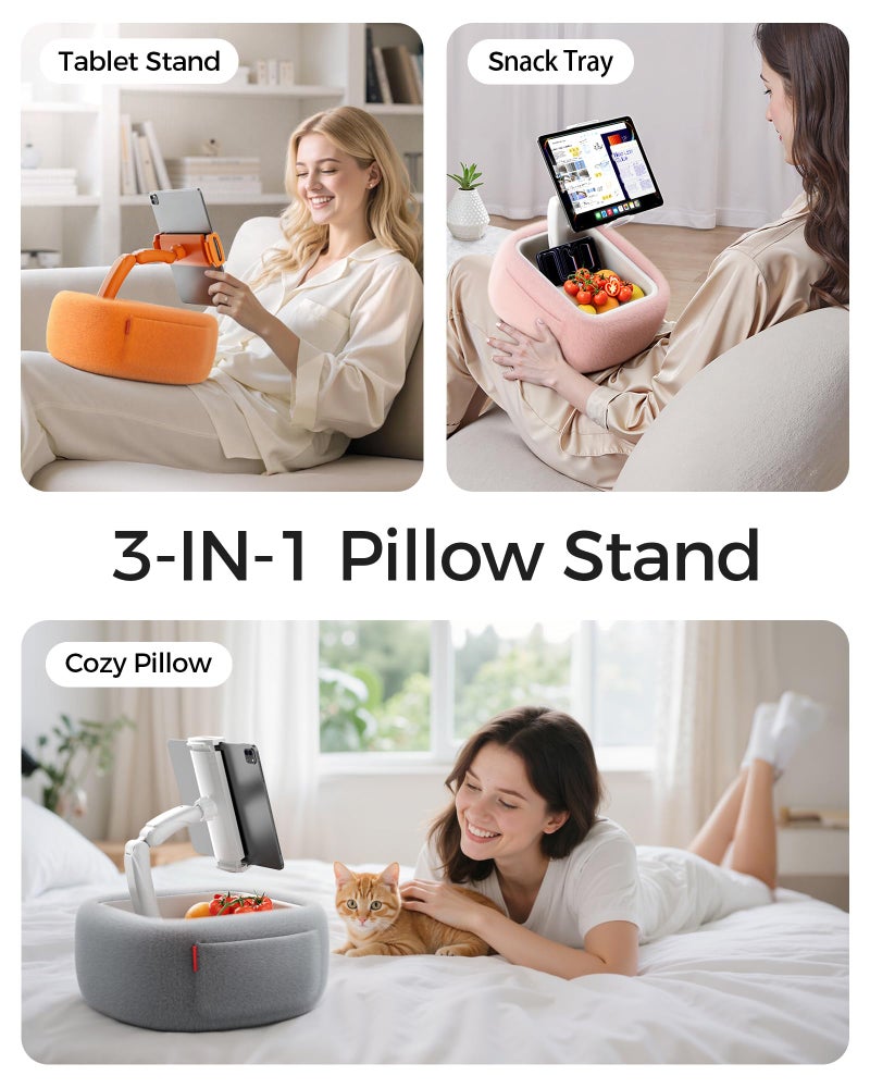LULULOOK Tablet Pillow Stand, Compatible with iPad, iPhone and 4.7-14.6”Tablet, 360° Adjustable Kindle Pillow Stand for Bed with Ultra Fluffy Fabric & Snack Bowl (Cosmic Orange) - Image 2