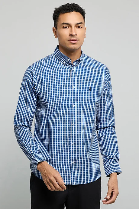 أر أند بي Checked Shirt with Button-Down Collar and Long Sleeves