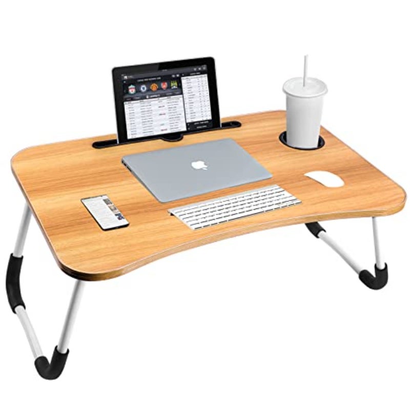 Portable Folding bed Table, Laptop Desk With ipad and Cup Holder Adjustable Lap Tray Notebook Stand, Foldable Non-slip Legs Reading Table Tray for working, studing, camping 60×40×28cm Beige - Image 1