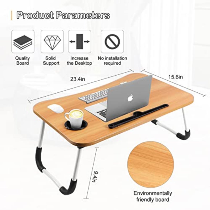 Portable Folding bed Table, Laptop Desk With ipad and Cup Holder Adjustable Lap Tray Notebook Stand, Foldable Non-slip Legs Reading Table Tray for working, studing, camping 60×40×28cm Beige - Image 2