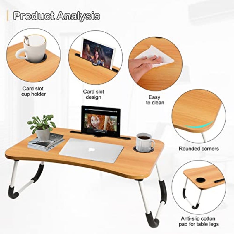 Portable Folding bed Table, Laptop Desk With ipad and Cup Holder Adjustable Lap Tray Notebook Stand, Foldable Non-slip Legs Reading Table Tray for working, studing, camping 60×40×28cm Beige - Image 3
