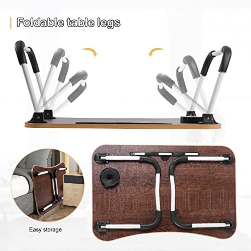 Portable Folding bed Table, Laptop Desk With ipad and Cup Holder Adjustable Lap Tray Notebook Stand, Foldable Non-slip Legs Reading Table Tray for working, studing, camping 60×40×28cm Beige - Image 4