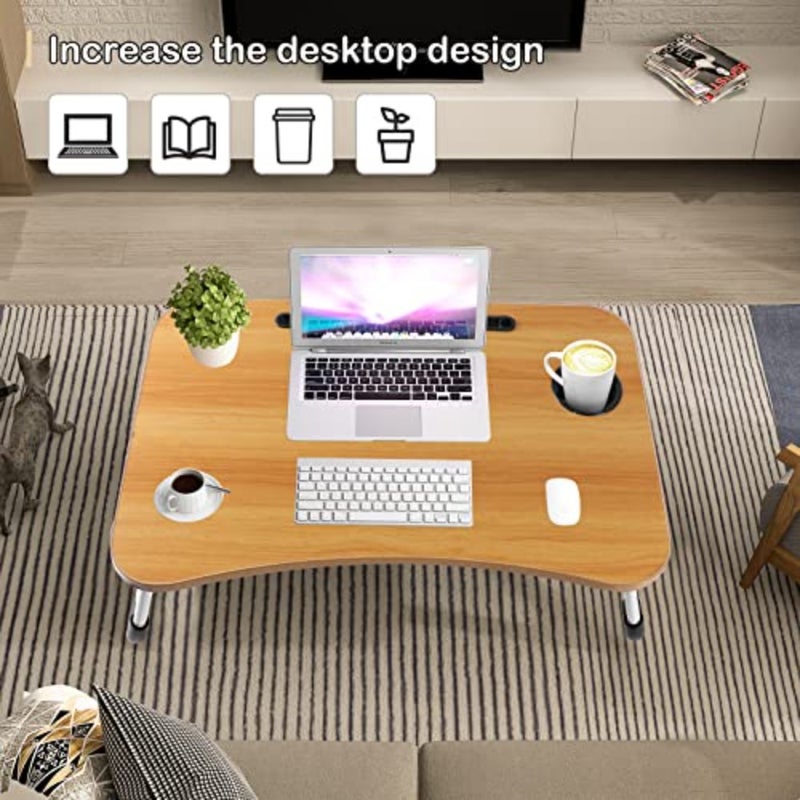 Portable Folding bed Table, Laptop Desk With ipad and Cup Holder Adjustable Lap Tray Notebook Stand, Foldable Non-slip Legs Reading Table Tray for working, studing, camping 60×40×28cm Beige - Image 5