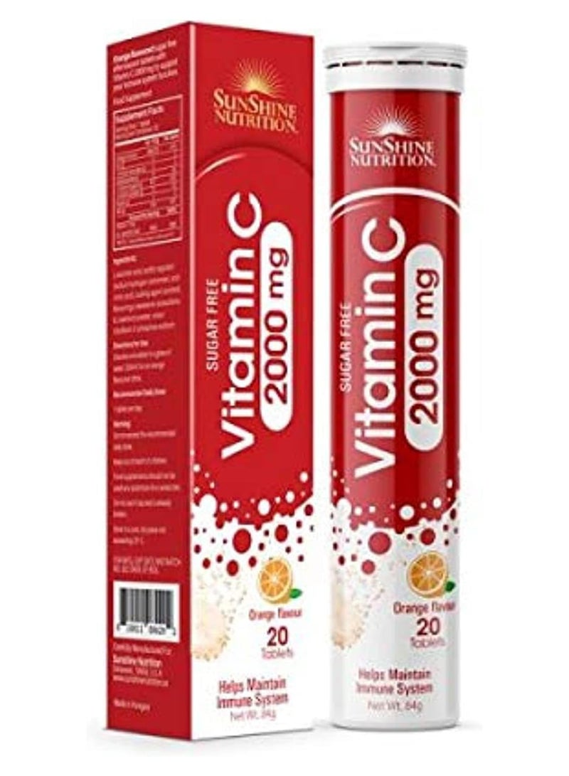 SUNSHINE NUTRITION أقراص فيتامين سي الفوارة 2000 ملجم خالية من السكر بنكهة البرتقال تساعد في الحفاظ على الجهاز المناعي 20 قرصًا 80 جرامًا - Image 1