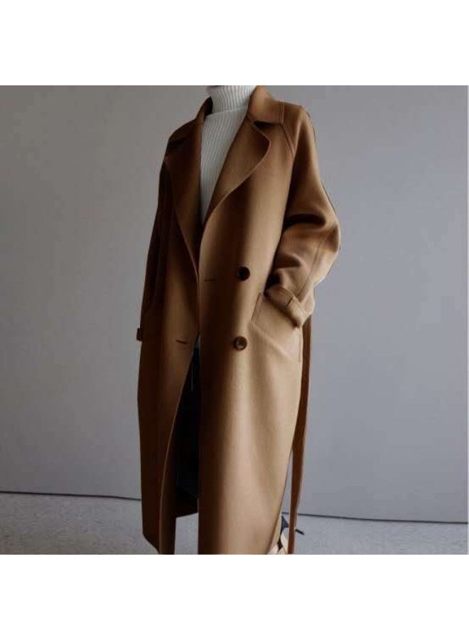 Woolen coat, long style for women, fashionable and loose, reaching the knees, with a waistline and drawstring, woolen coat for women - Image 1